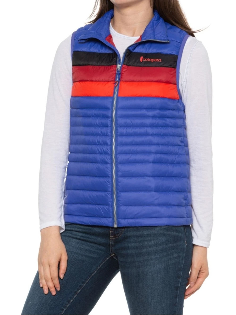 cotopaxi Royal Blue Quilted Vest with Red and Black Stripes